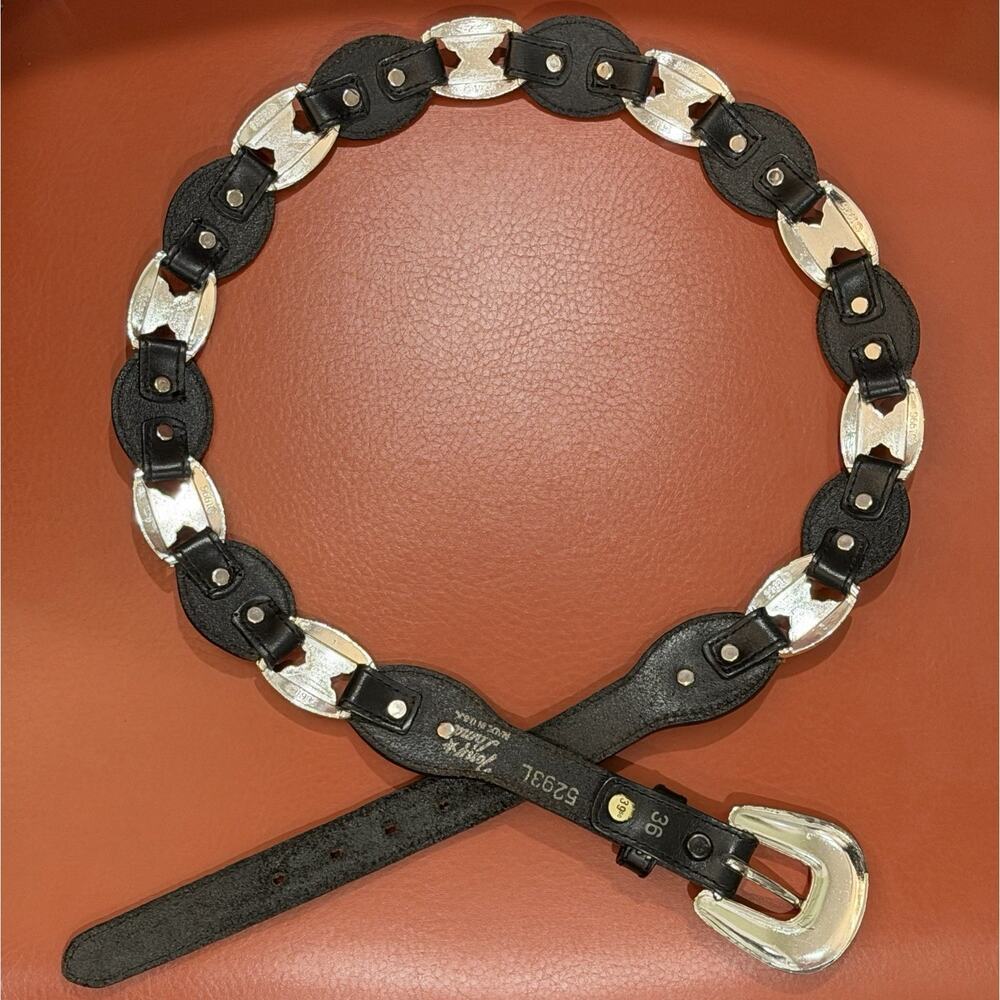 VINTAGE Tony Lama Western Concho Belt Sz 36 Black Leather Silver Tone USA 5293L - Picture 11 of 16